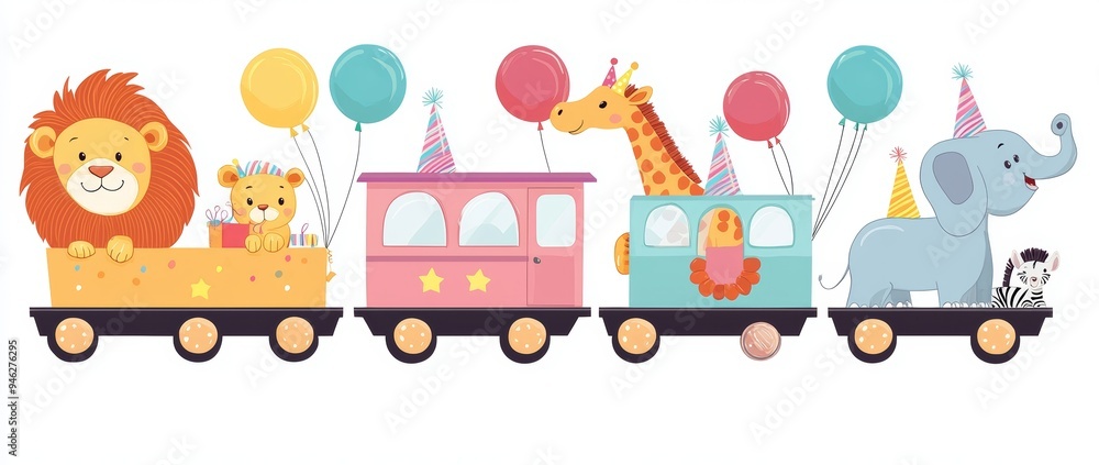 Illustration with balloons and animals on a train Illustration with balloons and animals on a train
