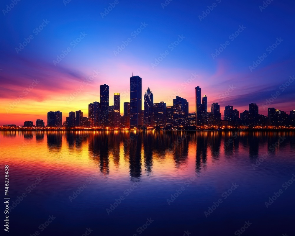 Stunning city skyline at sunset, reflecting on calm water, showcasing vibrant colors and iconic architecture. Stunning city skyline at sunset, reflecting on calm water, showcasing vibrant colors and iconic architecture.