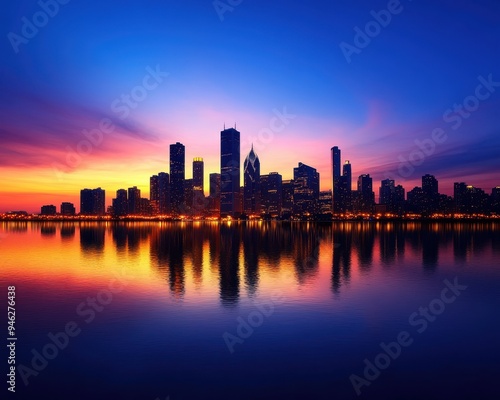 Stunning city skyline at sunset, reflecting on calm water, showcasing vibrant colors and iconic architecture.