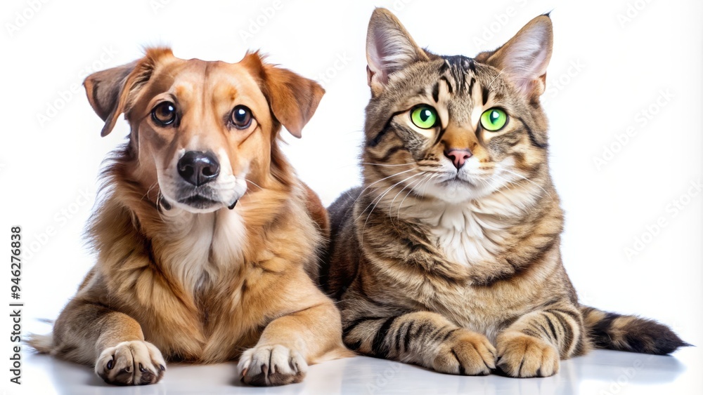 a lazy cat with bright green eyes and a playful dog with wagging tail sit side by side, showcasing unlikely friendship. a lazy cat with bright green eyes and a playful dog with wagging tail sit side by side, showcasing unlikely friendship.