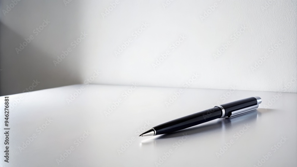 A lone black pen lies horizontally on a clean, white desk, its sleek design and subtle sheen contrasting against the empty, minimalistic background. A lone black pen lies horizontally on a clean, white desk, its sleek design and subtle sheen contrasting against the empty, minimalistic background.