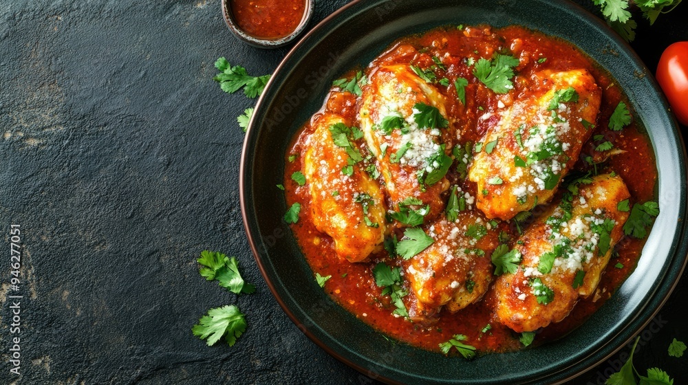 Overhead shot of a plate of chile rellenos, smothered in sauce, ample space for text Overhead shot of a plate of chile rellenos, smothered in sauce, ample space for text