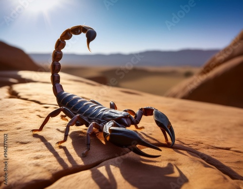 Obraz na płótnie Dramatic scorpion emerging from desert crack with stinger poised.
