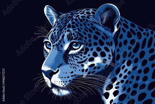 Elegant Indigo Jaguar with Silver Spots - Graphic Design-Inspired Vector Illustration in L. Coffey Style photo