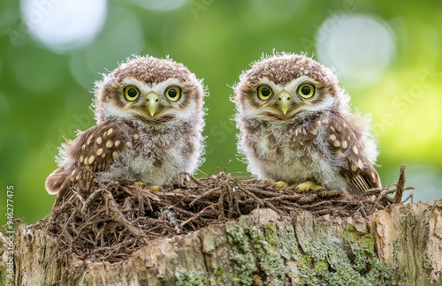 A pair of boreal owl chicks cuddling on a stump 