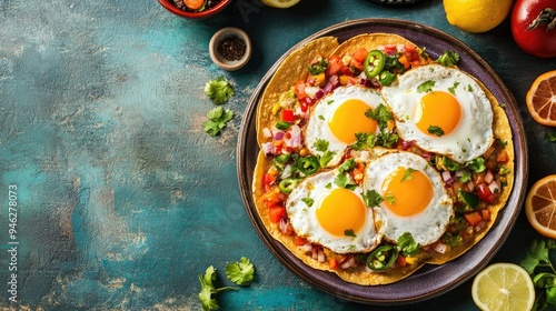 Overhead shot of a plate of huevos rancheros, vibrant colors, ample space for text