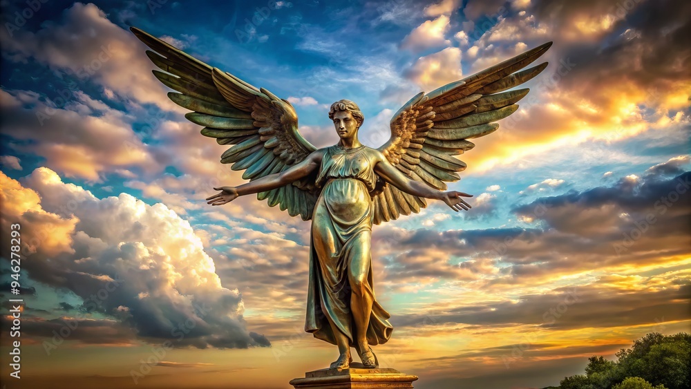 Fototapeta premium A majestic bronze statue of a winged figure with arms outstretched, standing on a pedestal, symbolizing freedom, hope, and redemption against a serene natural backdrop.