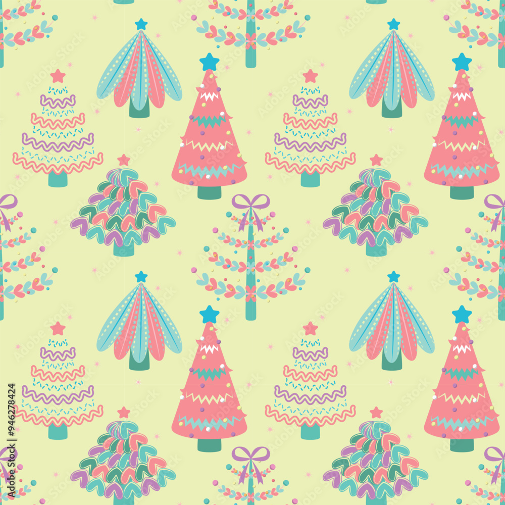 Seamless pattern with Christmas trees in cartoon style. Yellow background. Perfect for kids design, decor textiles, fabric print, cover design, Christmas cards, wallpaper and wrapping paper design. Seamless pattern with Christmas trees in cartoon style. Yellow background. Perfect for kids design, decor textiles, fabric print, cover design, Christmas cards, wallpaper and wrapping paper design.