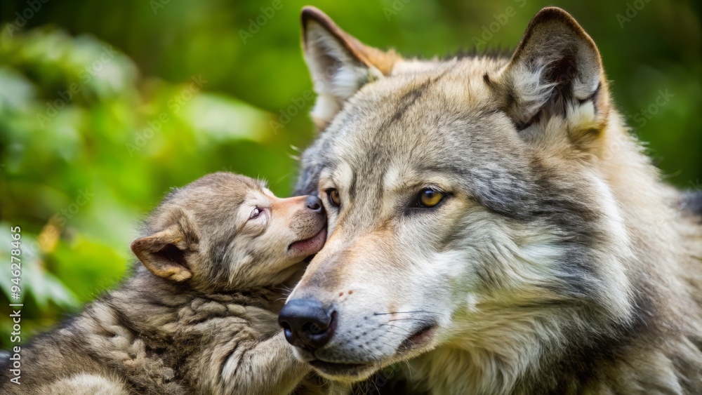 Obraz premium A majestic gray wolf tenderly cradles a sleeping human infant in its jaws, showcasing a heartwarming and unlikely display of wild maternal instinct in nature.