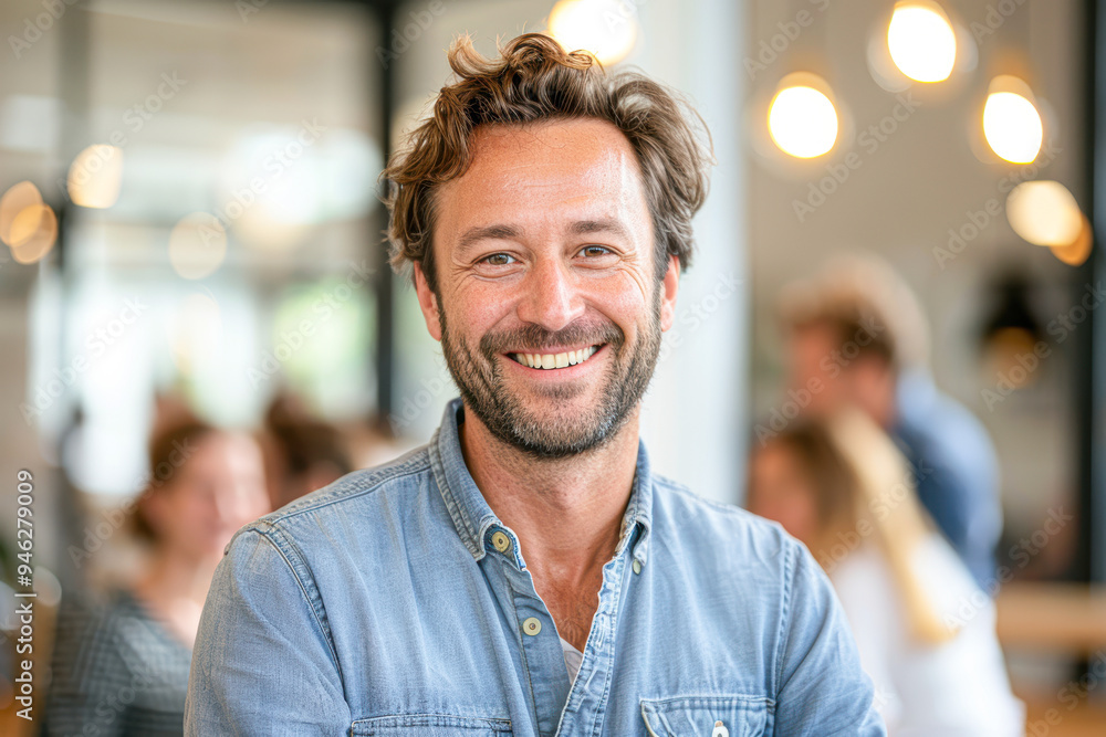 A man with a beard and a blue shirt is smiling A man with a beard and a blue shirt is smiling