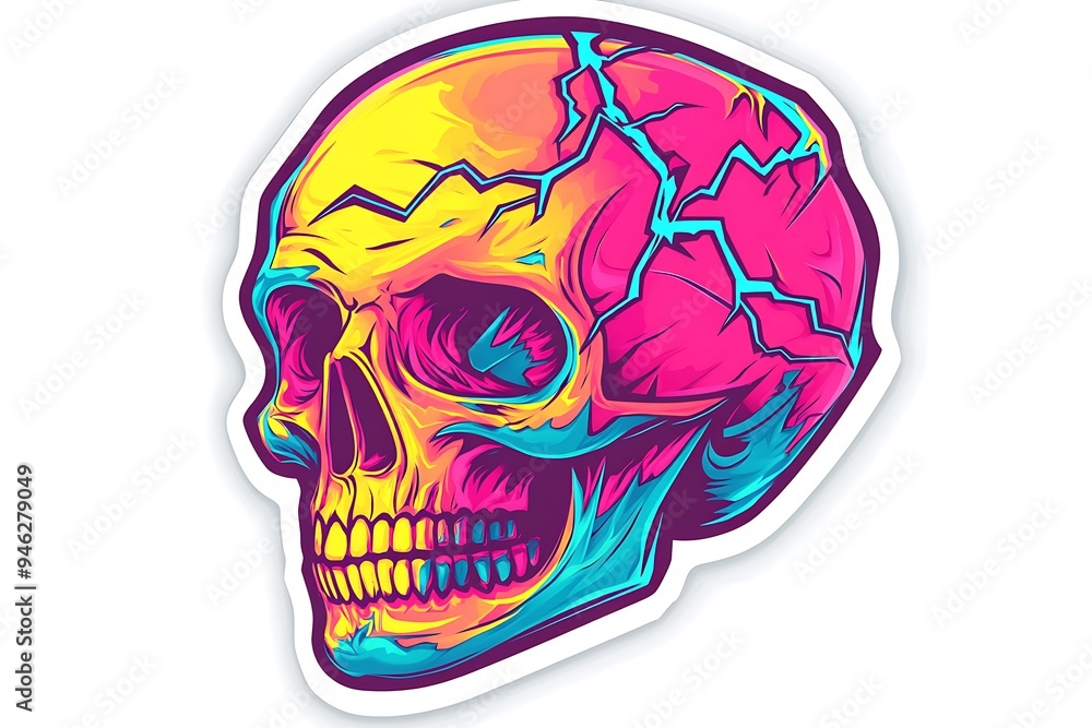 Skull Sticker with Lightning Bolts - Vibrant Vector Art with Detailed Shading and Bold Lines on White Background Skull Sticker with Lightning Bolts - Vibrant Vector Art with Detailed Shading and Bold Lines on White Background