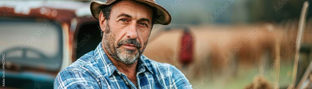A man wearing a hat and a blue plaid shirt is standing in front of a truck A man wearing a hat and a blue plaid shirt is standing in front of a truck