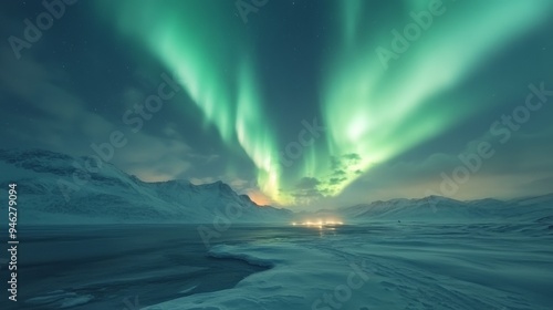 Wallpaper Mural Breathtaking northern lights dance over a serene landscape, illuminating the night sky with vibrant green hues and snow-covered terrain. Torontodigital.ca