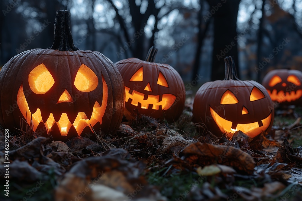 Several glowing jack-o'-lanterns sit on the ground in a dark, eerie woodland setting surrounded by fallen leaves. Several glowing jack-o'-lanterns sit on the ground in a dark, eerie woodland setting surrounded by fallen leaves.