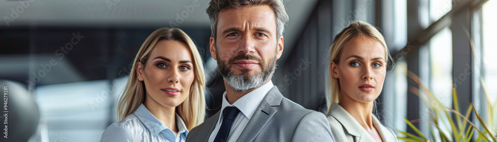 Three people are standing in front of a window, with one of them wearing a suit Three people are standing in front of a window, with one of them wearing a suit