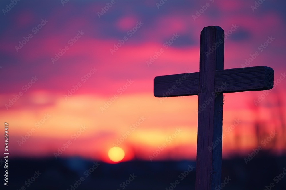 A wooden cross stands silhouetted against a vibrant, colorful sunset, symbolizing faith and contemplation. A wooden cross stands silhouetted against a vibrant, colorful sunset, symbolizing faith and contemplation.