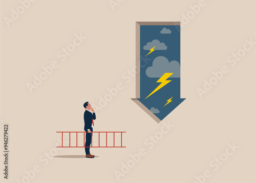Businessman with collapse arrow as a symbol of financial instability. Modern vector illustration in flat style