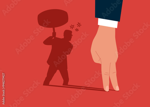 Arm standing with shadow man uses sledgehammer and attack. Modern vector illustration in flat style