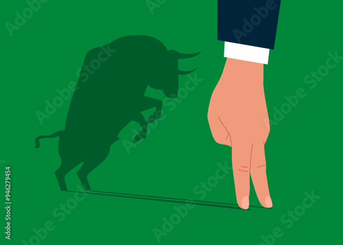 Confident arm standing bull shadow. Trade exchange, green bull. Global economy boom. Flat vector illustration