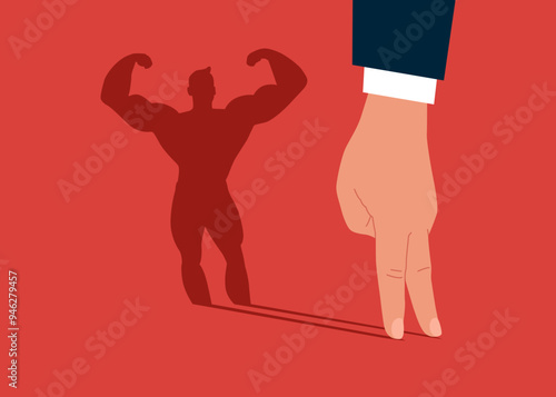 Businessman dreams of becoming a bodybuilding. Arm standing bodybuilding shadow concept illustration.