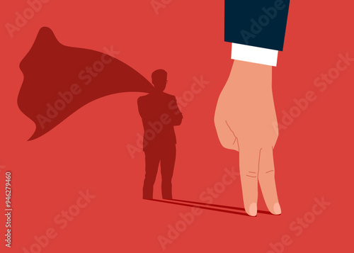 Businessman dreams of becoming a superhero. Confident arm standing superhero shadow. Modern vector illustration in flat style