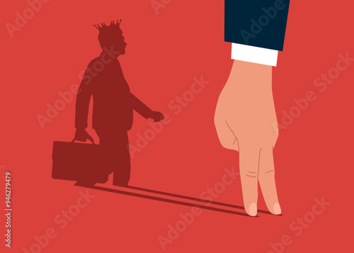 Leadership and superpower challenge. Hand human motivated for success with shadow of king in the crown. Modern vector illustration in flat style