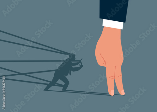 Arm standing with shadow tied up with tape trying to run away with full effort. Business difficulty or struggle with career obstacle. Modern vector illustration in flat style