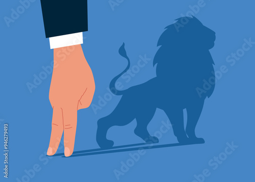 Businessman dreams of becoming a lion. Arm standing shadow of a lion reflects leadership. Modern vector illustration in flat style