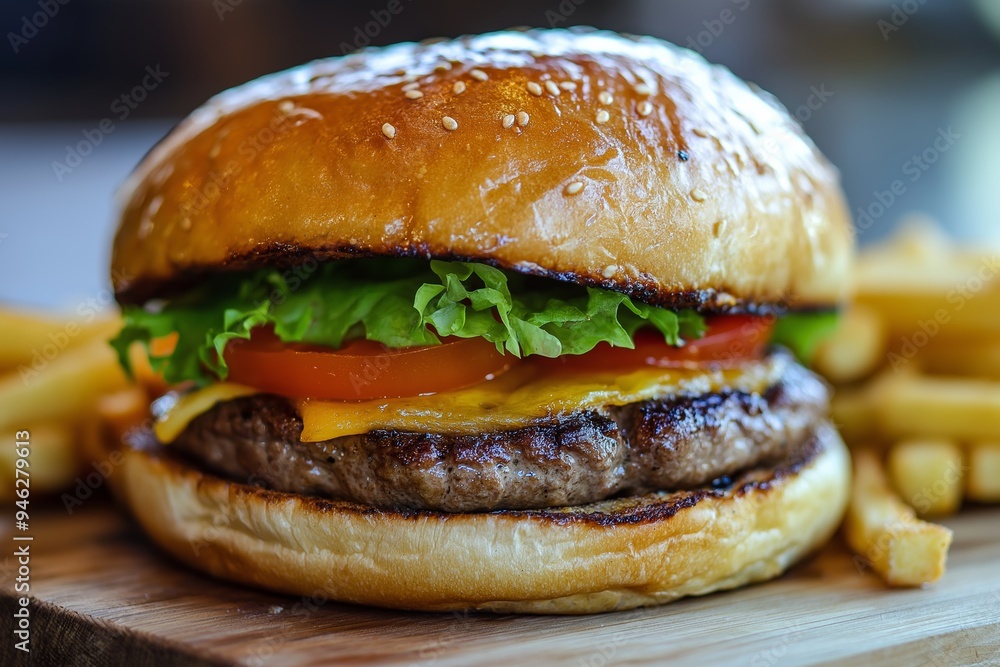 Juicy cheeseburger garnished with lettuce and tomato, served with fries, placed on a wooden board at sunset. Juicy cheeseburger garnished with lettuce and tomato, served with fries, placed on a wooden board at sunset.