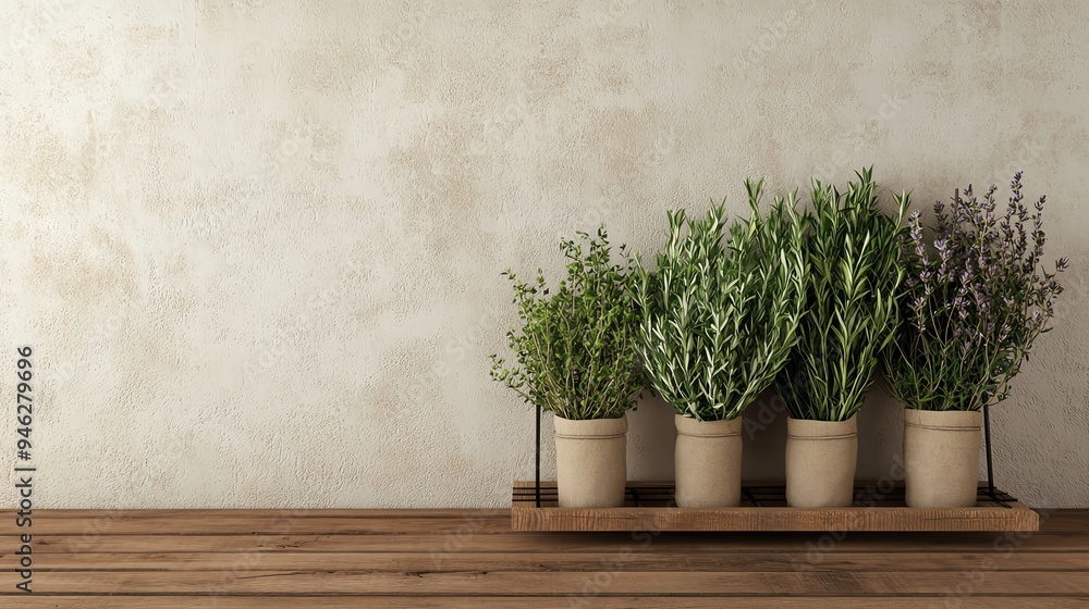 Organic herb-drying rack, fresh bundles and rustic setting, 3D illustration Organic herb-drying rack, fresh bundles and rustic setting, 3D illustration