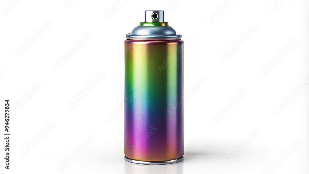 A metallic spray can with a vibrant color label and nozzle stands upright on a pure white background, casting a subtle shadow. A metallic spray can with a vibrant color label and nozzle stands upright on a pure white background, casting a subtle shadow.