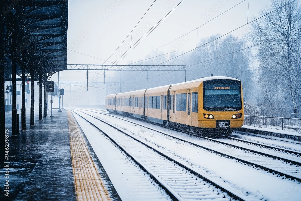 Fototapeta premium A bright yellow train moving quickly through a snow-covered railway station with an empty platform.