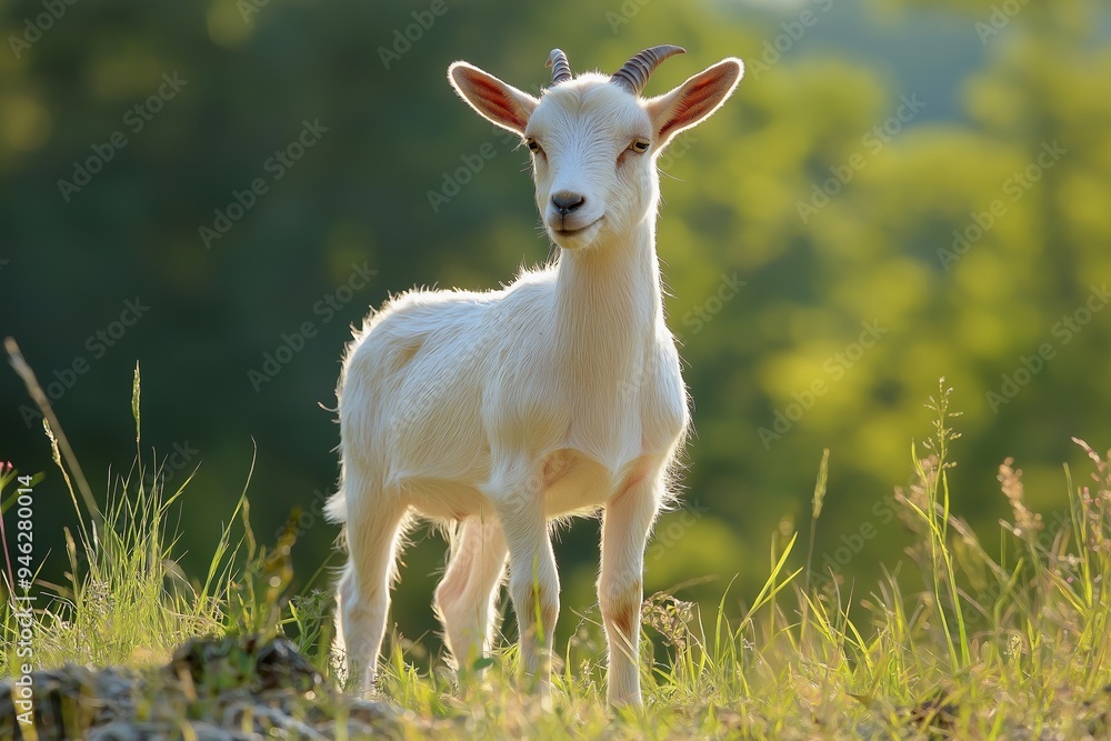A young white goat stands alertly in a sunny, grassy field, basking in the warmth and surrounded by natural beauty. A young white goat stands alertly in a sunny, grassy field, basking in the warmth and surrounded by natural beauty.