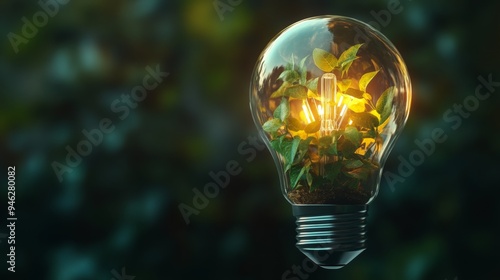 A creative light bulb with plants growing inside, symbolizing eco-friendly and sustainable energy solutions in a green environment.