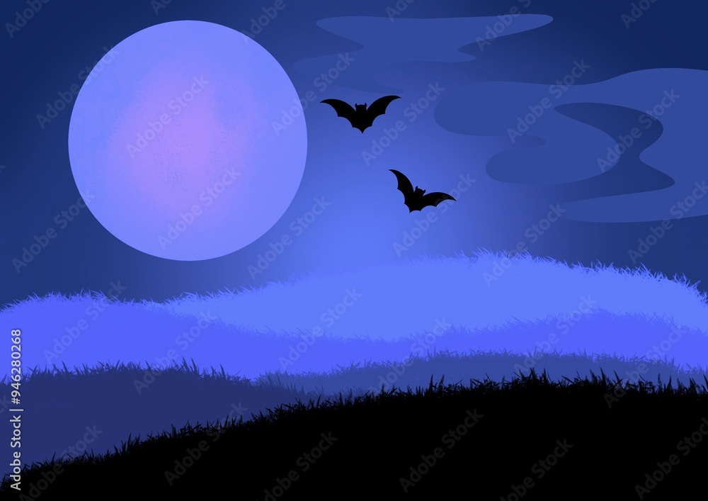 Fototapeta premium Halloween background with bats and moon. Horror illustration with bats and fog in blue color.