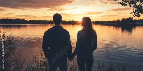 A couple holding hands by the lake, silhouetted against a beautiful sunset, capturing love and connection at day's end.