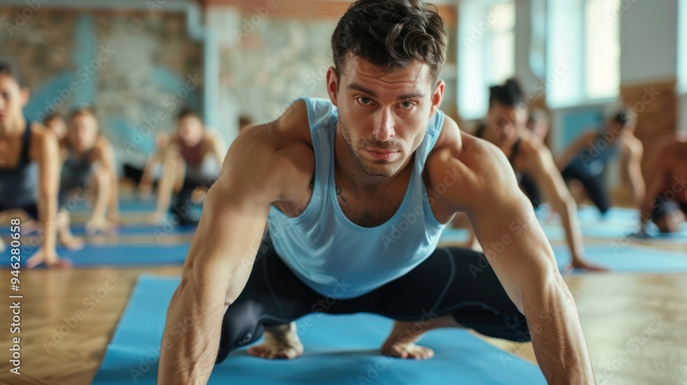 A man in a yoga class performing an advanced stretch with a focus on technique and form A man in a yoga class performing an advanced stretch with a focus on technique and form