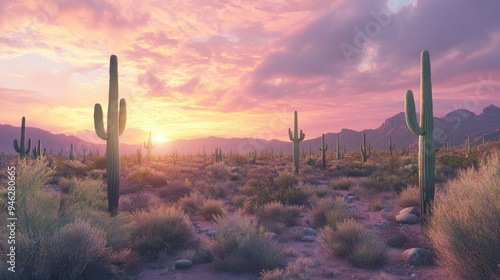 Saguaro cacti in the Arizona desert, sunset sky, wide open area for copy