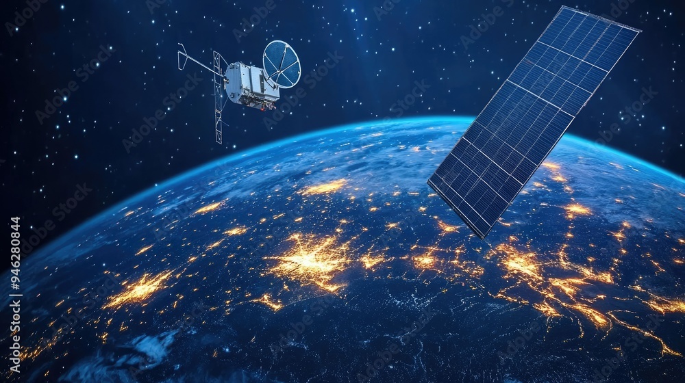 Satellite internet connections circling the globe, abstract design, space for copy Satellite internet connections circling the globe, abstract design, space for copy