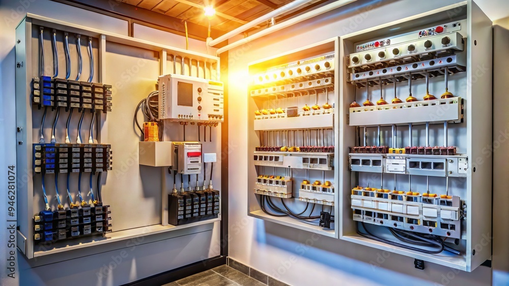 A modern electrical service panel with neatly organized circuit breakers, switches, and wiring, illuminated by a soft, warm light in a clean and tidy environment. A modern electrical service panel with neatly organized circuit breakers, switches, and wiring, illuminated by a soft, warm light in a clean and tidy environment.