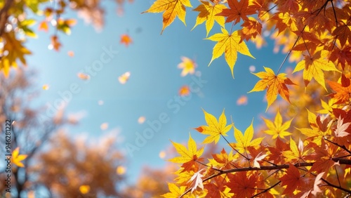 Bright Autumn Day with Golden Maple Leaves Falling Against a Clear Blue Sky