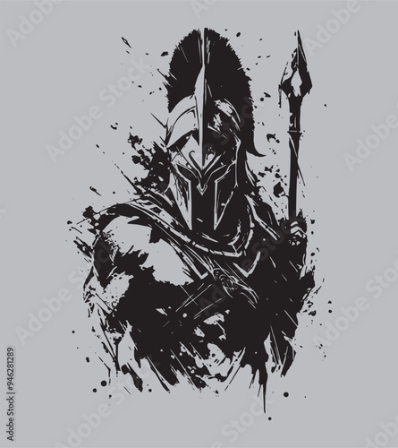 Spartan warrior mask weapons spear and helmet spalash Light Grey Background in action Artwork vector editable logo for t-shirt design and multipurpose use in high definition format