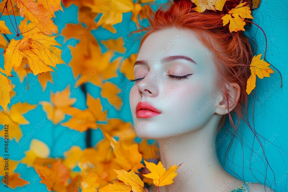 Photograph of a redheaded woman symbolizing autumn season over a black background Photograph of a redheaded woman symbolizing autumn season over a black background