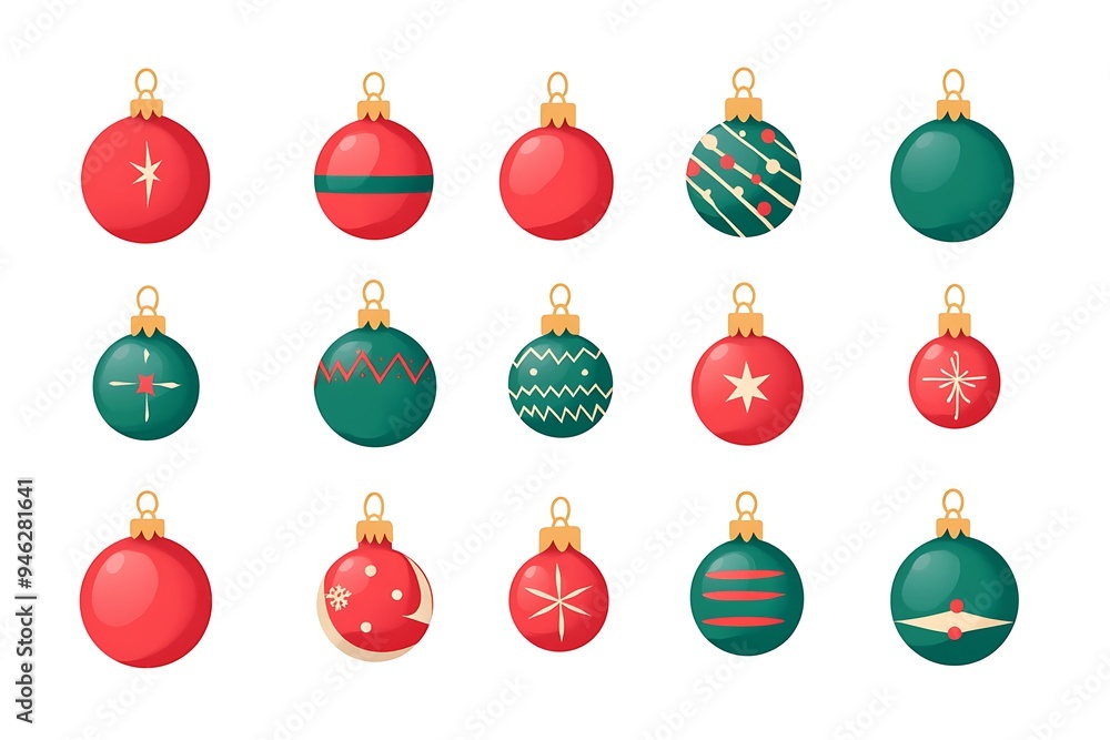 Festive Christmas Ornament Icons in Flat Design Style on White Background Festive Christmas Ornament Icons in Flat Design Style on White Background