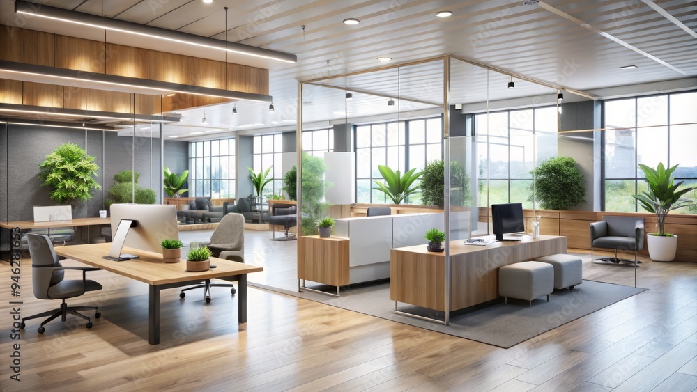 A modern office reception area with socially distanced seating, hand sanitizer stations, and plexiglass dividers, reflecting the new normal in a post-pandemic workspace. A modern office reception area with socially distanced seating, hand sanitizer stations, and plexiglass dividers, reflecting the new normal in a post-pandemic workspace.