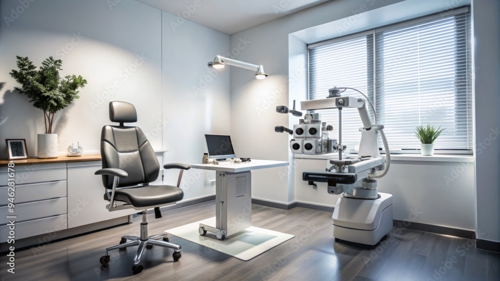 A modern optometrist's office features a sleek examination room with a phoropter, eye chart, and medical equipment, illuminated by soft natural light. A modern optometrist's office features a sleek examination room with a phoropter, eye chart, and medical equipment, illuminated by soft natural light.