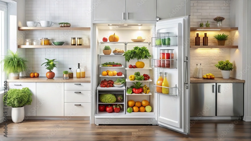A modern refrigerator stands ajar, revealing a brightly lit interior stocked with fresh fruits, vegetables, and various beverages against a clean, white kitchen backdrop. A modern refrigerator stands ajar, revealing a brightly lit interior stocked with fresh fruits, vegetables, and various beverages against a clean, white kitchen backdrop.