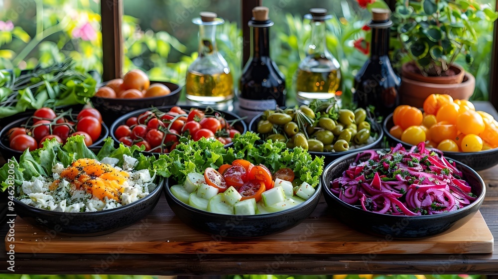 Fresh Organic Salad Selection on Rustic Wooden Table Fresh Organic Salad Selection on Rustic Wooden Table