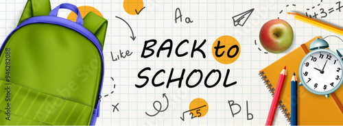 Back to school banner with realistic backpack