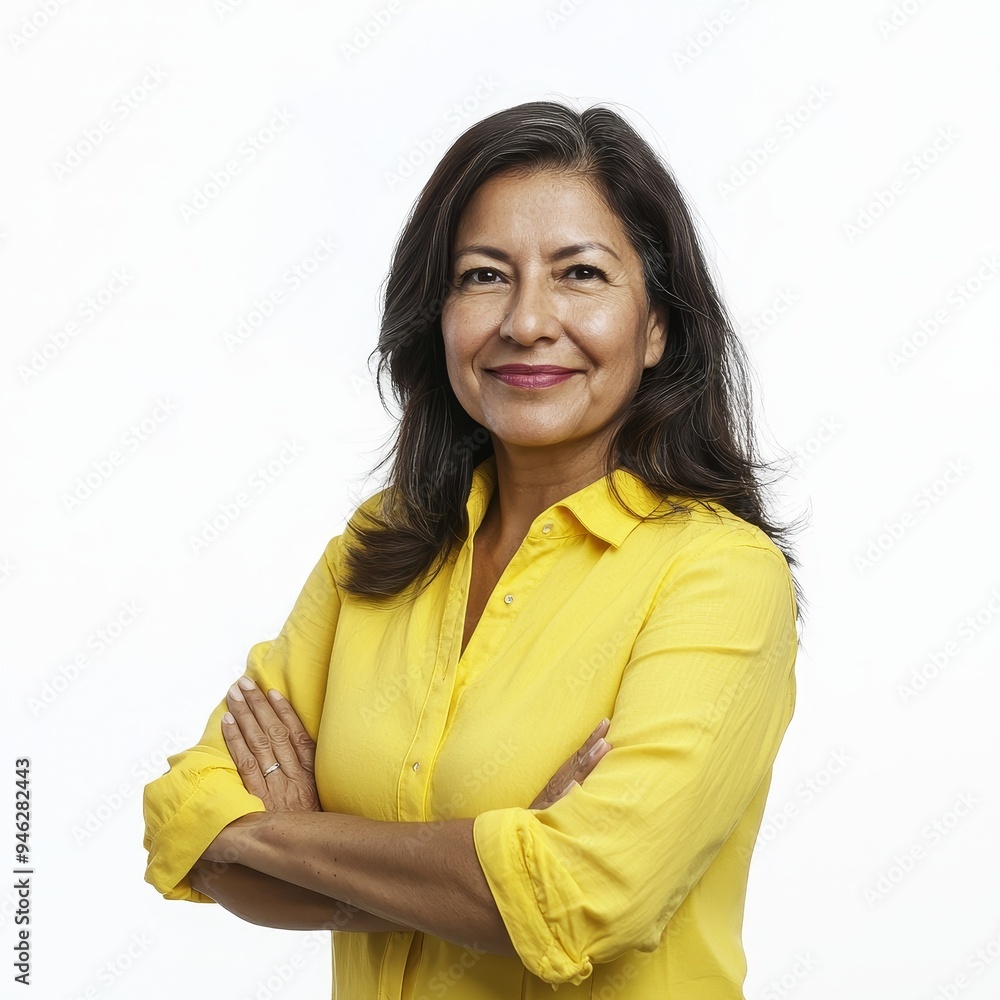 An older Hispanic woman poses joyfully in front of a transparent background with crossed arms and a happy expression An older Hispanic woman poses joyfully in front of a transparent background with crossed arms and a happy expression